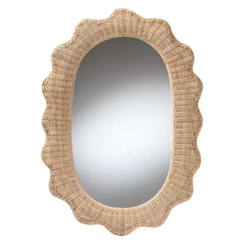 Specchio da parete in rattan naturale con bordo smerlato