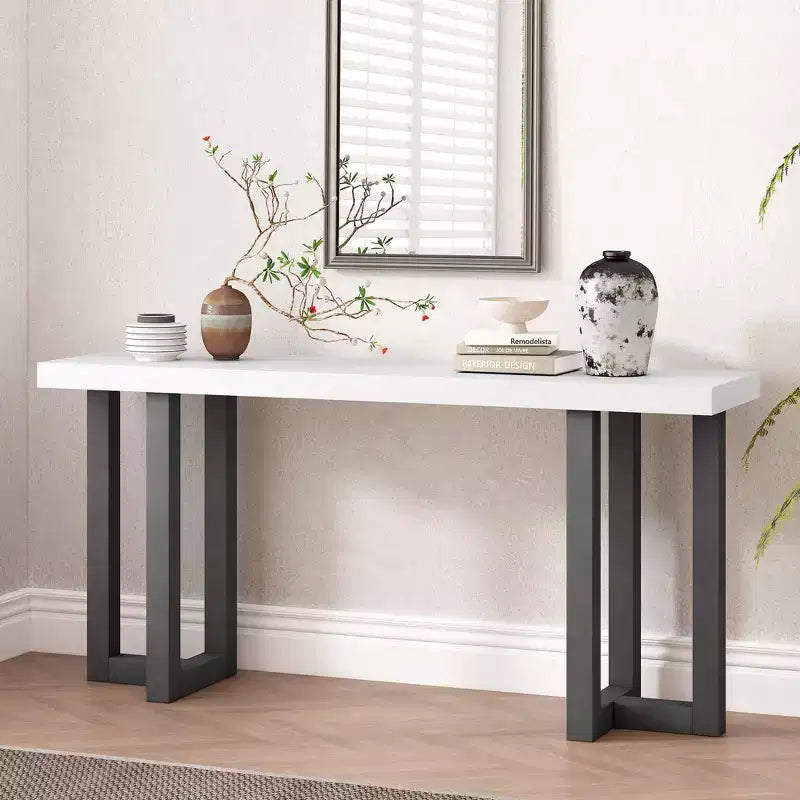 Tavolo da ingresso minimalista da 63IN con gambe in legno massello, elegante tavolo da ingresso con piano spesso, tavolo da corridoio per soggiorno e camera da letto