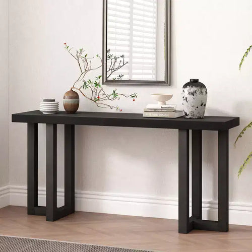 Tavolo da ingresso minimalista da 63IN con gambe in legno massello, elegante tavolo da ingresso con piano spesso, tavolo da corridoio per soggiorno e camera da letto