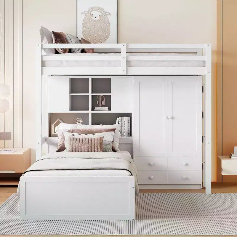 Letto a castello singolo con armadio e cassetti, struttura a soppalco con ripiani contenitori e letto idraulico per bambini e adulti