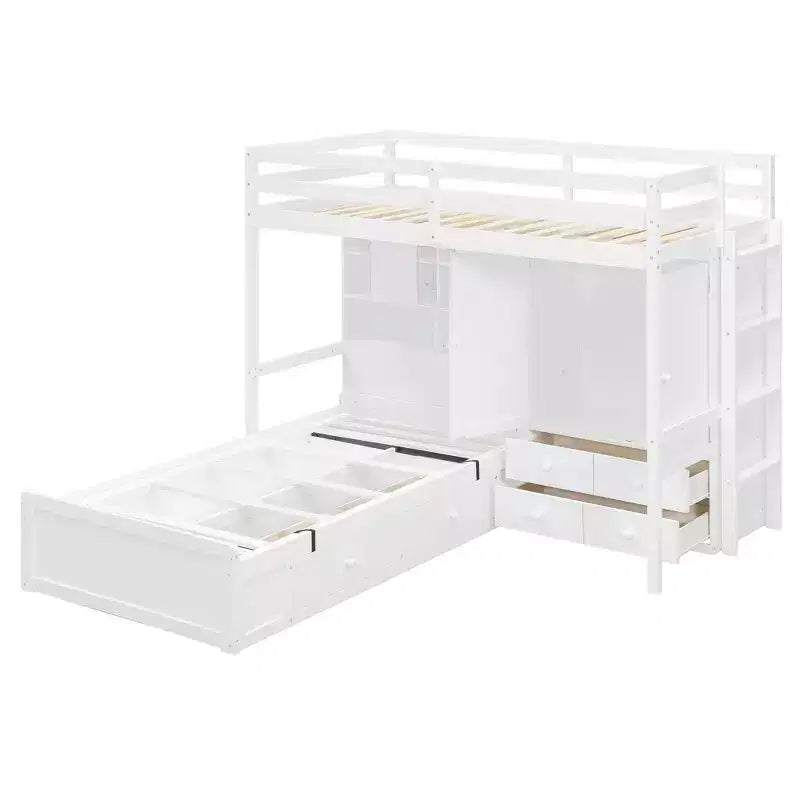 Letto a castello singolo con armadio e cassetti, struttura a soppalco con ripiani contenitori e letto idraulico per bambini e adulti