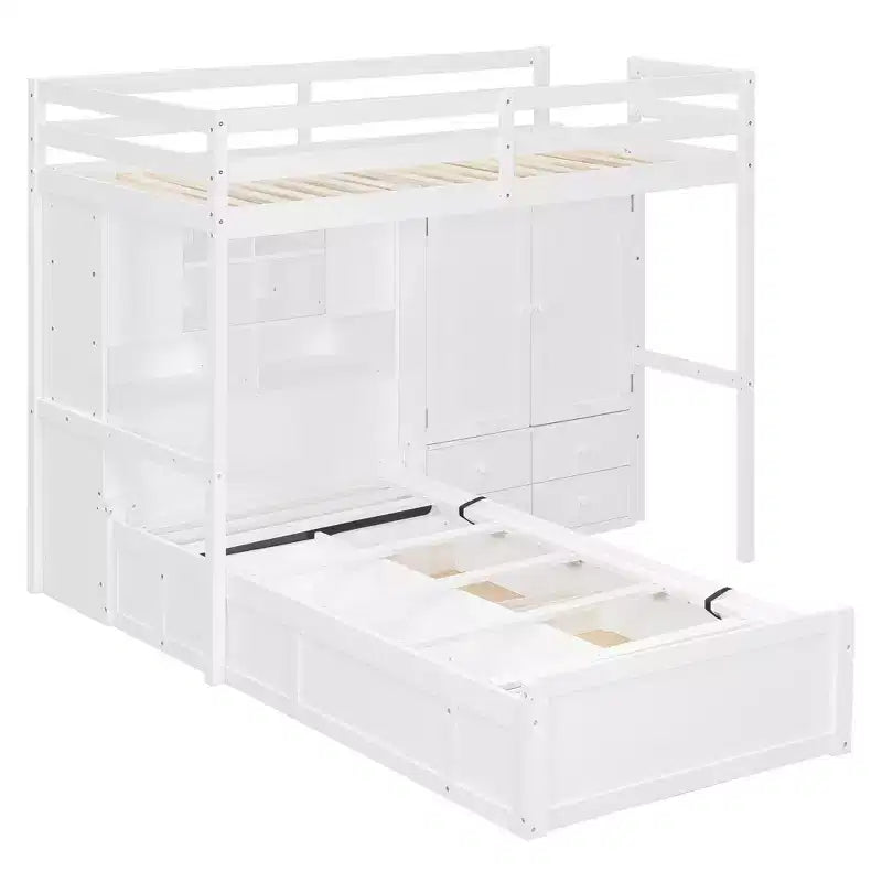 Letto a castello singolo con armadio e cassetti, struttura a soppalco con ripiani contenitori e letto idraulico per bambini e adulti