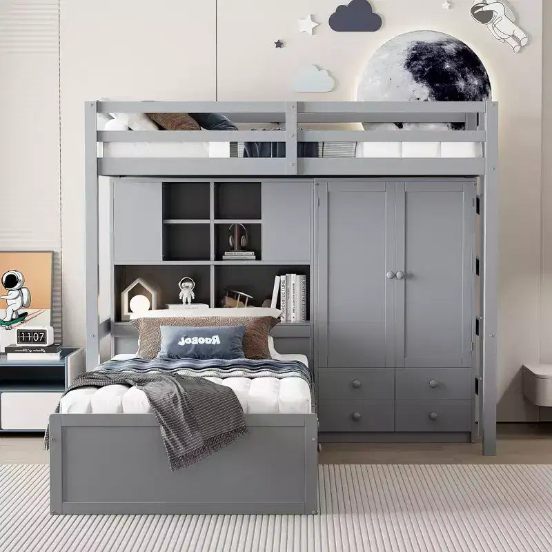 Letto a castello singolo con armadio e cassetti, struttura a soppalco con ripiani contenitori e letto idraulico per bambini e adulti