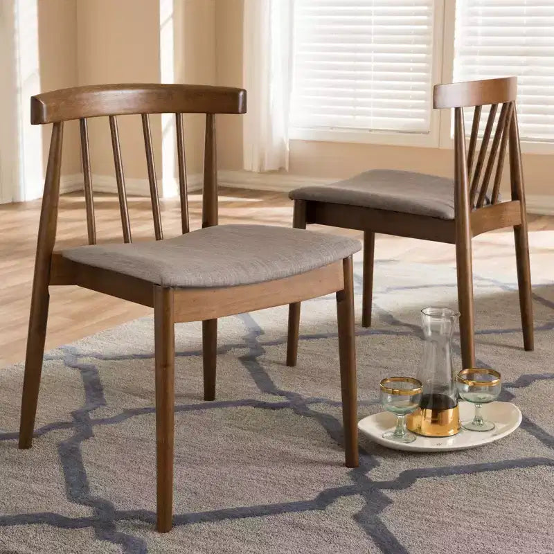 Set of 2 Midcentury Modern Walnut Wood Dining Chairs Beige/Brown
