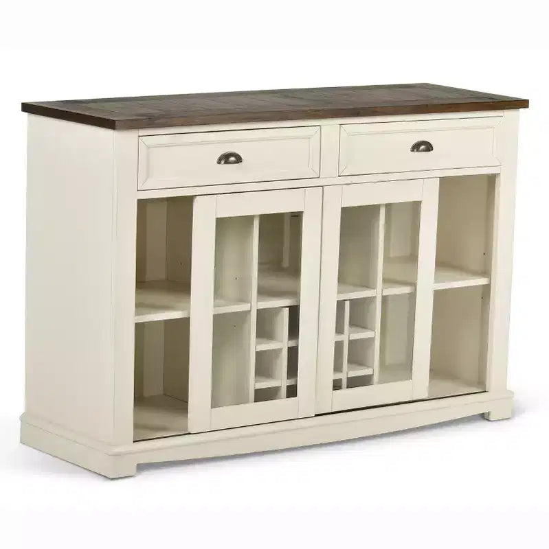 Credenza bicolore stile rustico con ante in vetro e portabicchieri