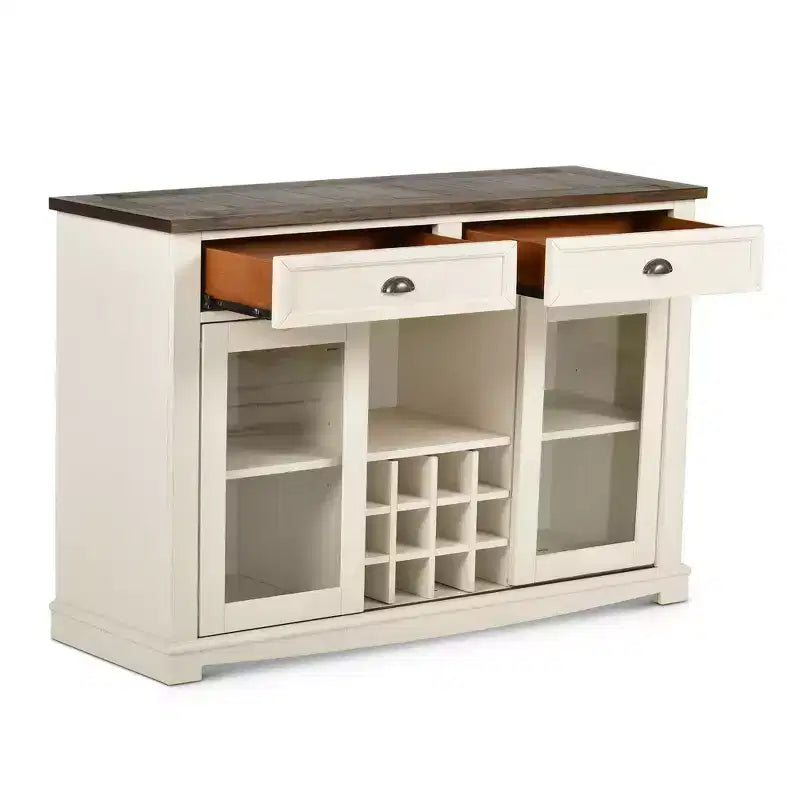 Credenza bicolore stile rustico con ante in vetro e portabicchieri
