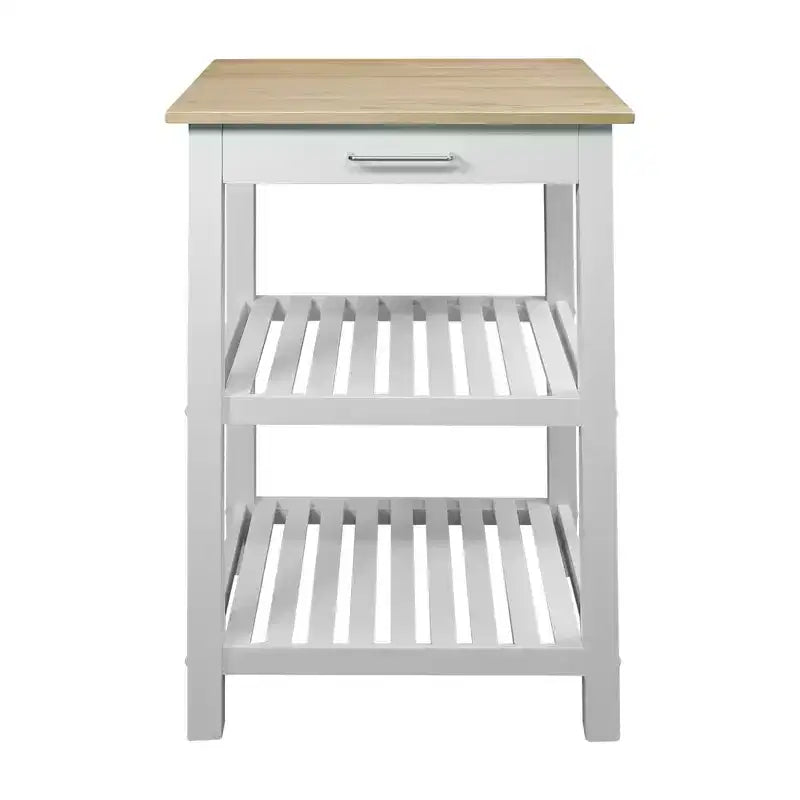 Kitchen Island with Hardwood Top White/Natural Sliding Drawer, Towel Rack, 2 Shelves