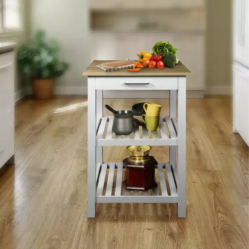 Kitchen Island with Hardwood Top White/Natural Sliding Drawer, Towel Rack, 2 Shelves