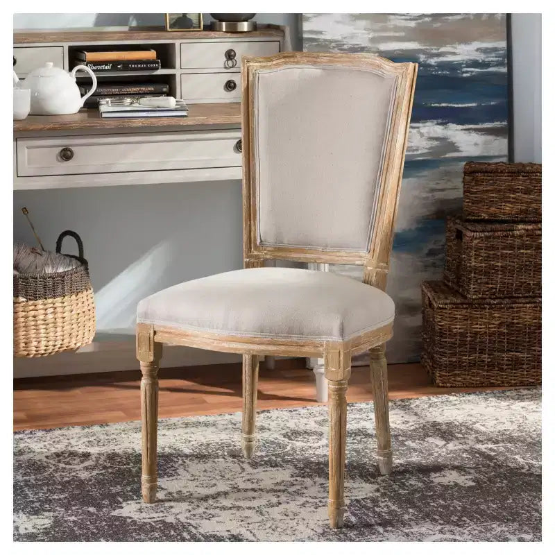 French Vintage Cottage Weathered Oak & Beige Linen Chair No Assembly, Solid Hardwood