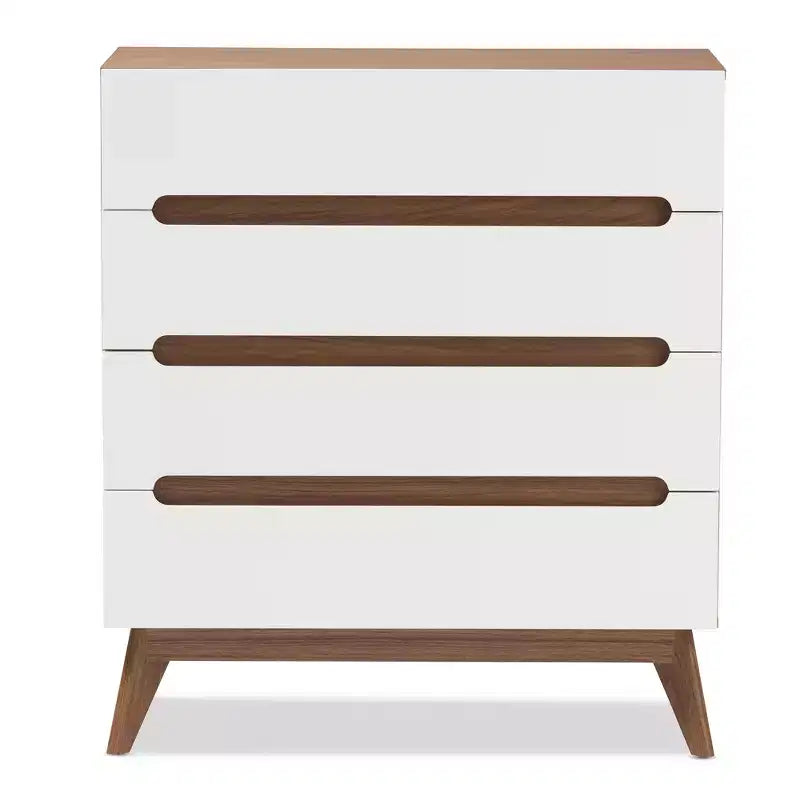 Brązowa komoda z 4 szufladami z drewna w stylu mid-century modern: elegancki skandynawski design, oszczędność miejsca