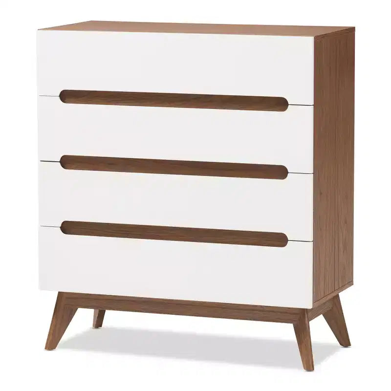 Brązowa komoda z 4 szufladami z drewna w stylu mid-century modern: elegancki skandynawski design, oszczędność miejsca