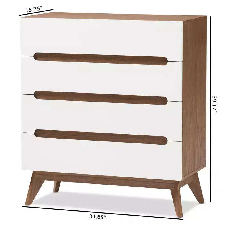 Brązowa komoda z 4 szufladami z drewna w stylu mid-century modern: elegancki skandynawski design, oszczędność miejsca