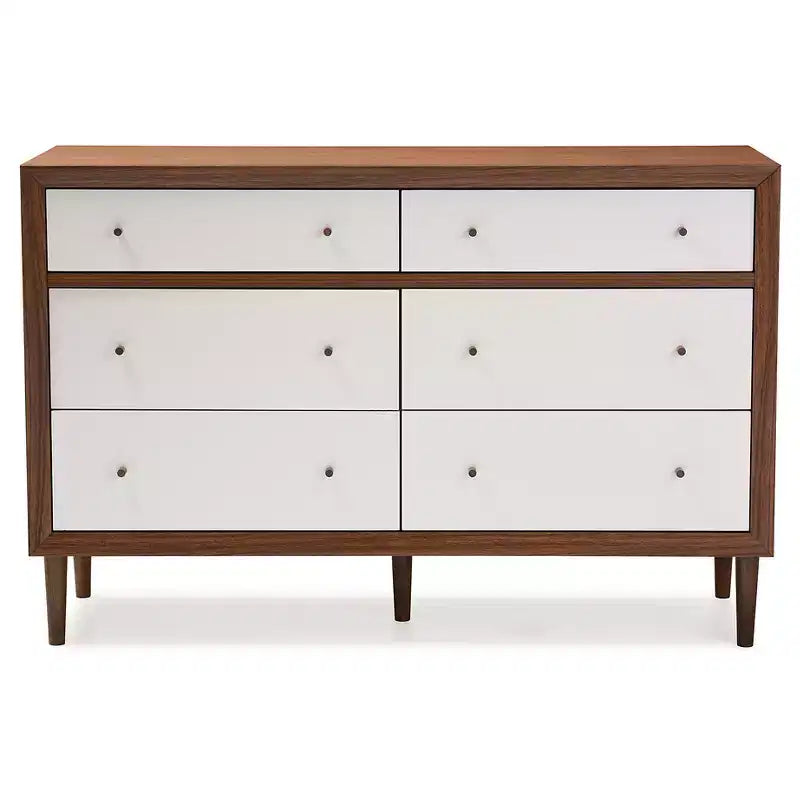 Cassettiera in legno scandinava moderna di metà secolo, 6 cassetti, bianca/noce - gambe in legno della gomma, design svasato