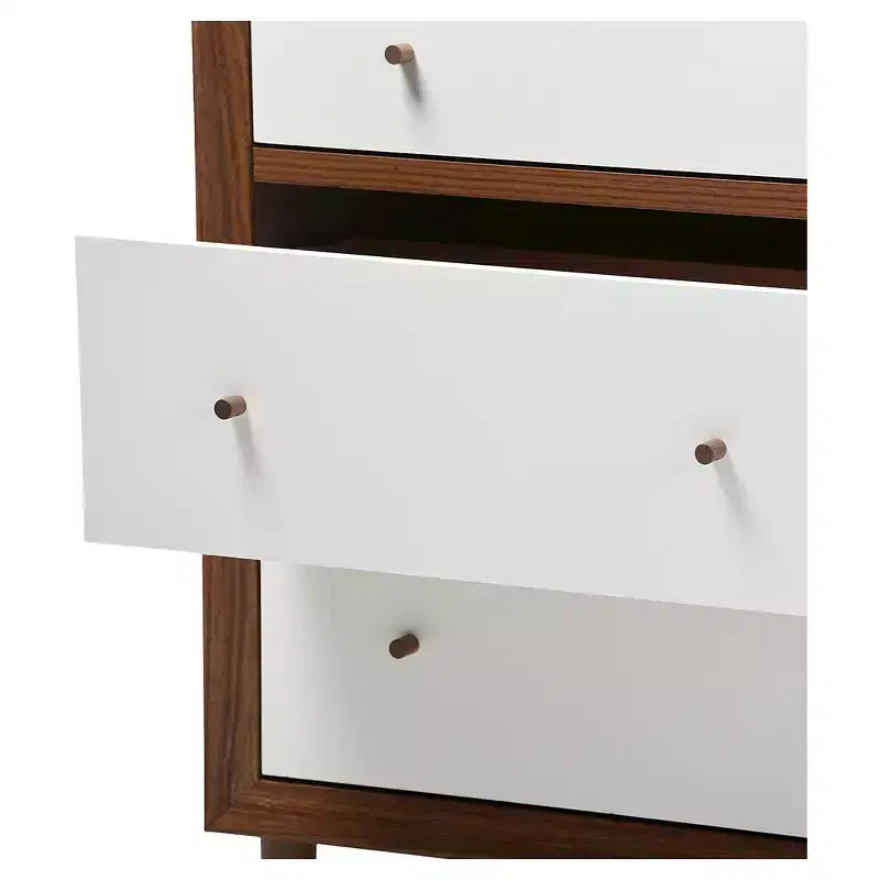 Cassettiera in legno scandinava moderna di metà secolo, 6 cassetti, bianca/noce - gambe in legno della gomma, design svasato