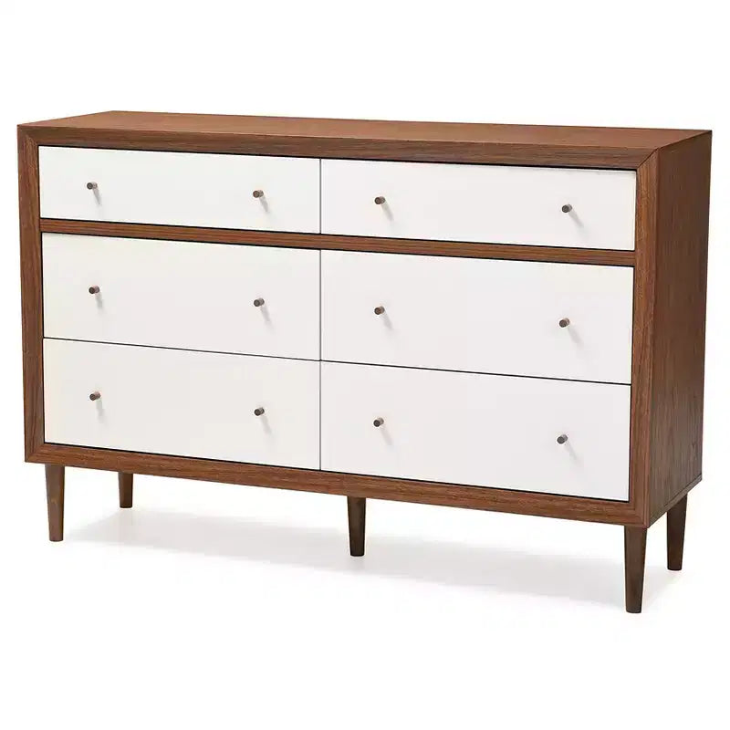 Cassettiera in legno scandinava moderna di metà secolo, 6 cassetti, bianca/noce - gambe in legno della gomma, design svasato