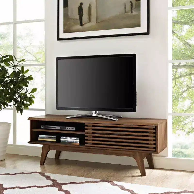 Mobile TV per televisori fino a 55": mobile multimediale stile metà secolo per TV da 55", venatura color noce, ante scorrevoli
