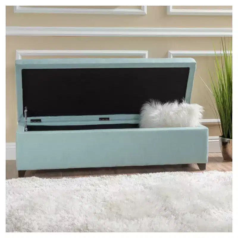 London Fabric Storage Ottoman Bench - Light Blue with Tufted Lid, Bedroom Accessory