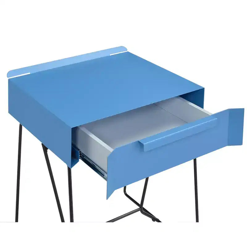 Modern Style Side Table Blue Geometric Metal Base, Rectangular Top