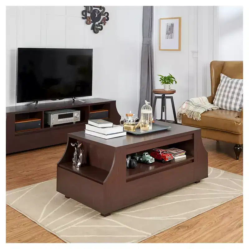 Contemporary Multi-Storage Coffee Table with Side Shelves Walnut Curved Paneling, Hidden Drawers