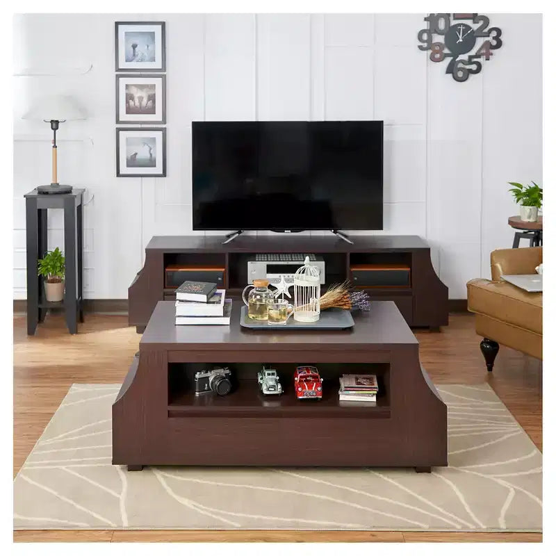 Contemporary Multi-Storage Coffee Table with Side Shelves Walnut Curved Paneling, Hidden Drawers