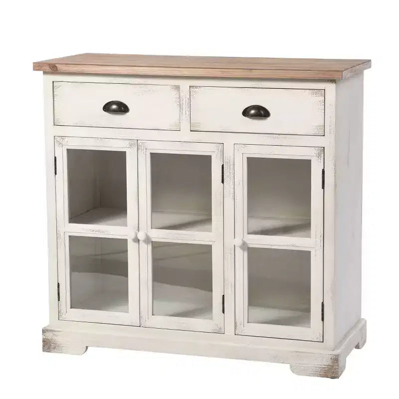 3 Door/2 Drawer Window Pane Cabinet Antique White/Natural Farmhouse Style, Fixed Shelf, Wood Composite