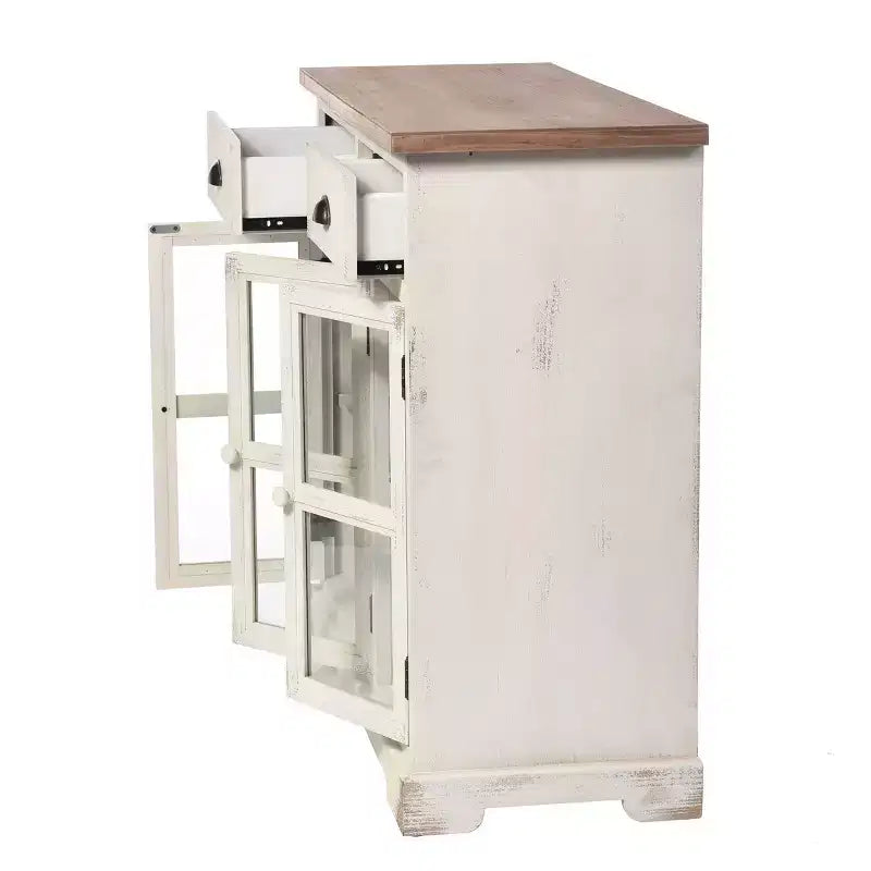 3 Door/2 Drawer Window Pane Cabinet Antique White/Natural Farmhouse Style, Fixed Shelf, Wood Composite