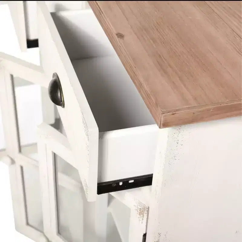 3 Door/2 Drawer Window Pane Cabinet Antique White/Natural Farmhouse Style, Fixed Shelf, Wood Composite