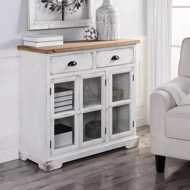 3 Door/2 Drawer Window Pane Cabinet Antique White/Natural Farmhouse Style, Fixed Shelf, Wood Composite