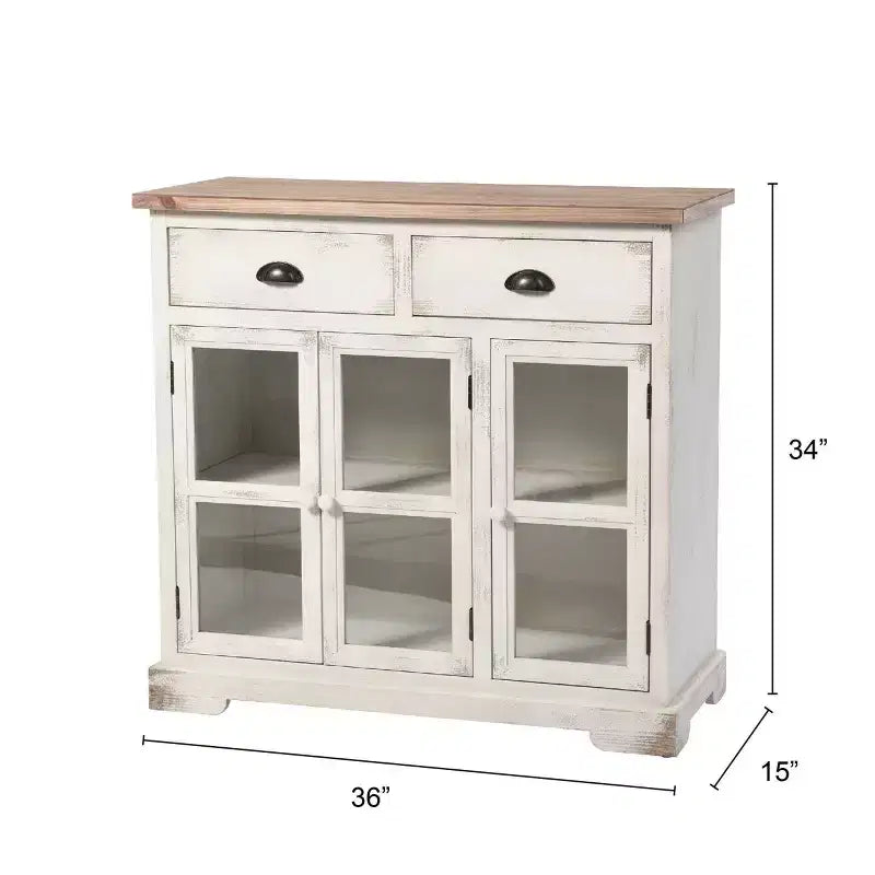 3 Door/2 Drawer Window Pane Cabinet Antique White/Natural Farmhouse Style, Fixed Shelf, Wood Composite
