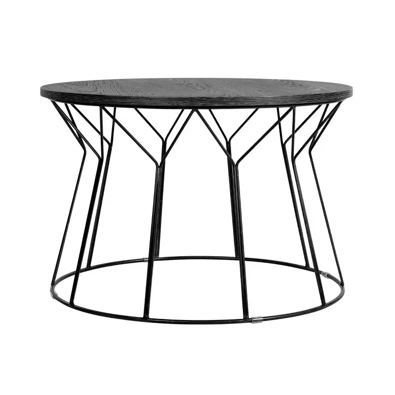Tavolino da caffè rotondo nero con venature del legno e struttura geometrica in metallo
