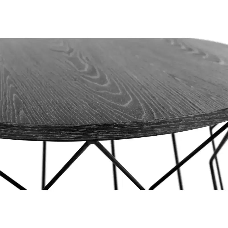 Round Black Wood Grain Coffee Table With Geometric Metal Frame