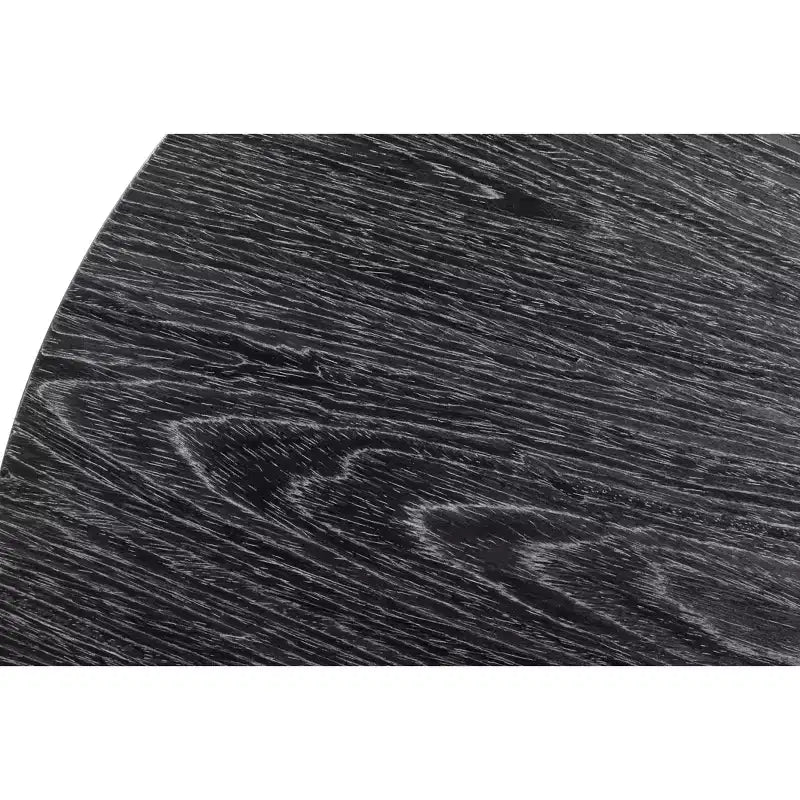 Tavolino da caffè rotondo nero con venature del legno e struttura geometrica in metallo