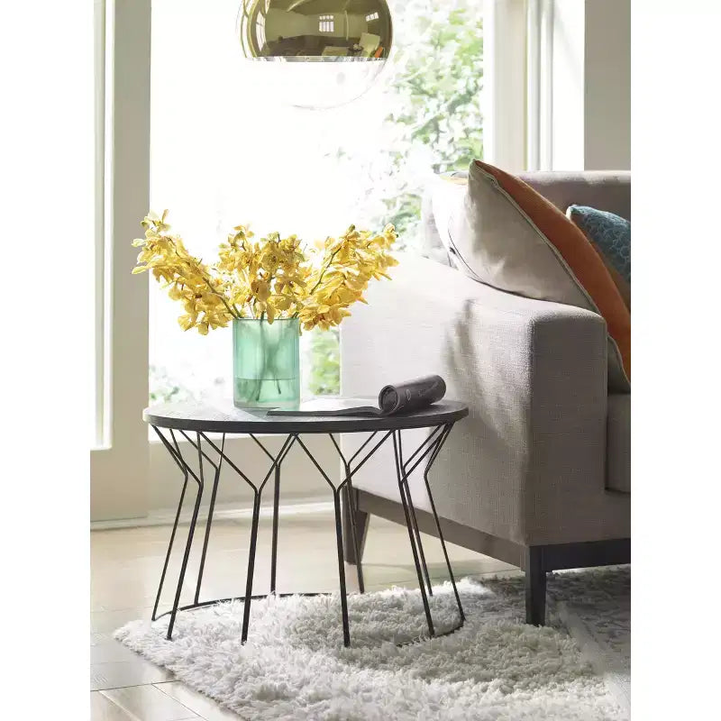 Round Black Wood Grain Coffee Table With Geometric Metal Frame
