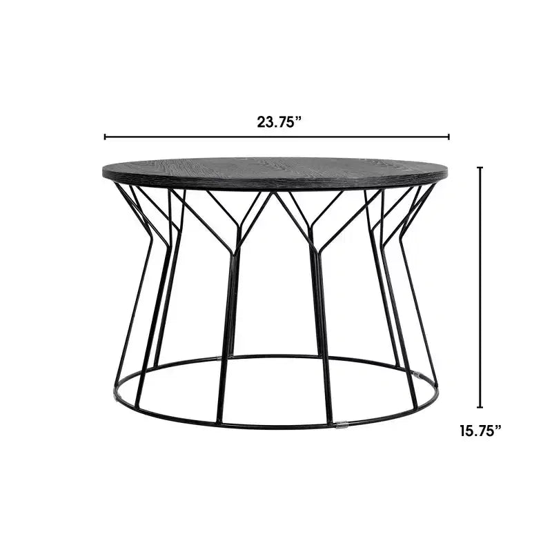 Tavolino da caffè rotondo nero con venature del legno e struttura geometrica in metallo