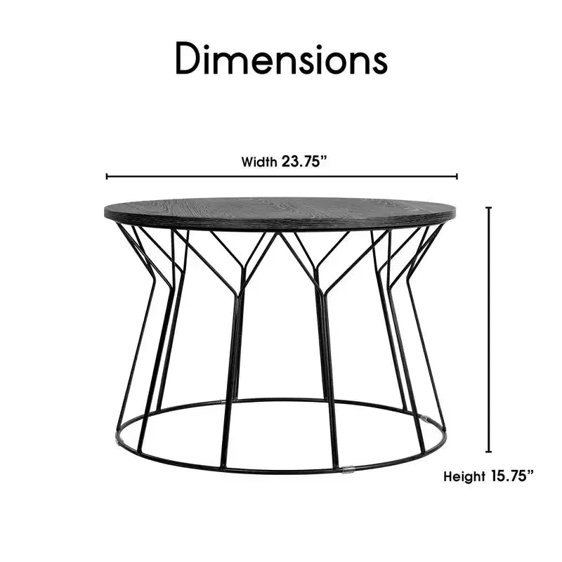 Tavolino da caffè rotondo nero con venature del legno e struttura geometrica in metallo
