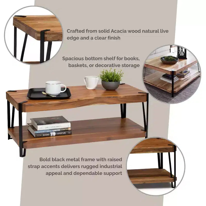 Live Edge Solid Wood Coffee Table Metal and Wood