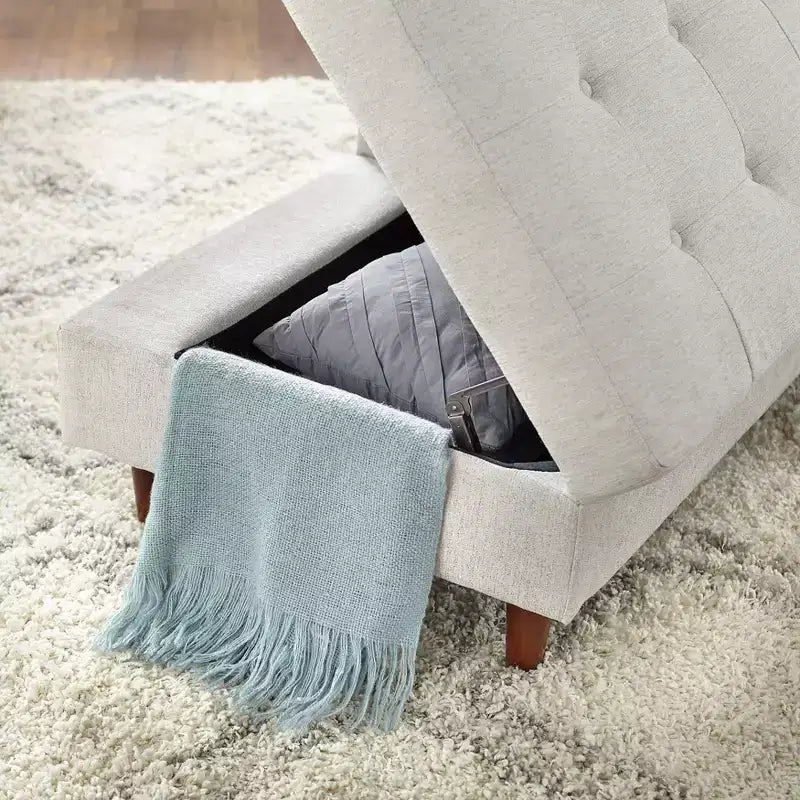 Cream Tufted Chaise Lounge With Storage And Solid Wood Legs