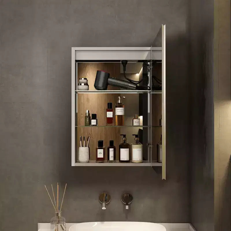 Armadietto da bagno con specchi e luci a LED, montaggio a incasso/a parete, 3 modalità di illuminazione, dimmerabile, antiappannamento, presa, argento