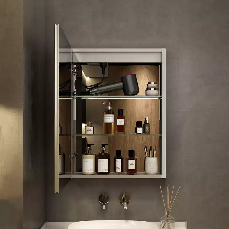 Armadietto da bagno con specchi e luci a LED, montaggio a incasso/a parete, 3 modalità di illuminazione, dimmerabile, antiappannamento, presa, argento