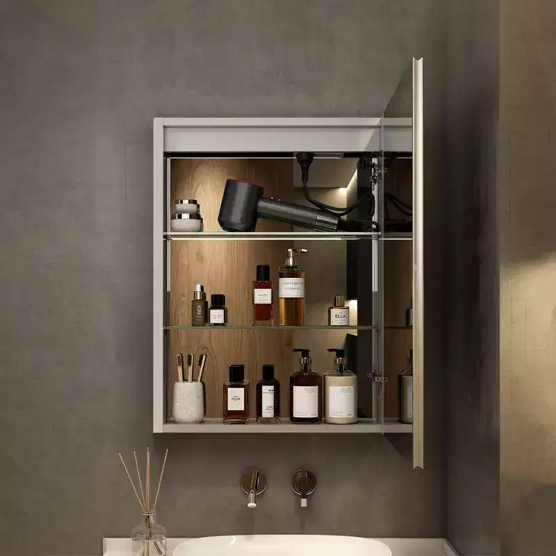 Armadietto da bagno con specchi e luci a LED, montaggio a incasso/a parete, 3 modalità di illuminazione, dimmerabile, antiappannamento, presa, argento
