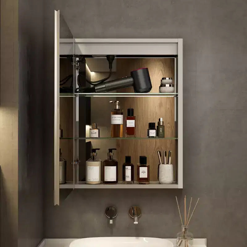 Armadietto da bagno con specchi e luci a LED, montaggio a incasso/a parete, 3 modalità di illuminazione, dimmerabile, antiappannamento, presa, argento