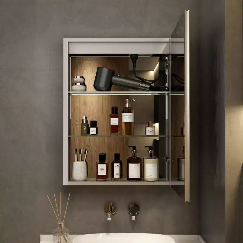 Armadietto da bagno con specchi e luci a LED, montaggio a incasso/a parete, 3 modalità di illuminazione, dimmerabile, antiappannamento, presa, argento