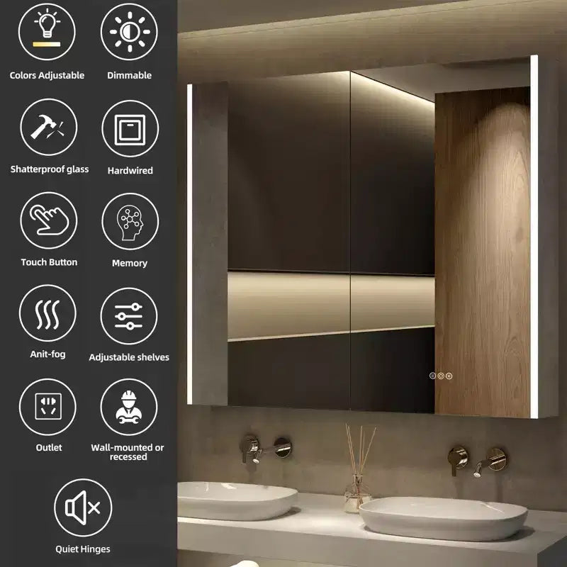 Armadietto da bagno con specchi e luci a LED, montaggio a incasso/a parete, 3 modalità di illuminazione, dimmerabile, antiappannamento, presa, argento