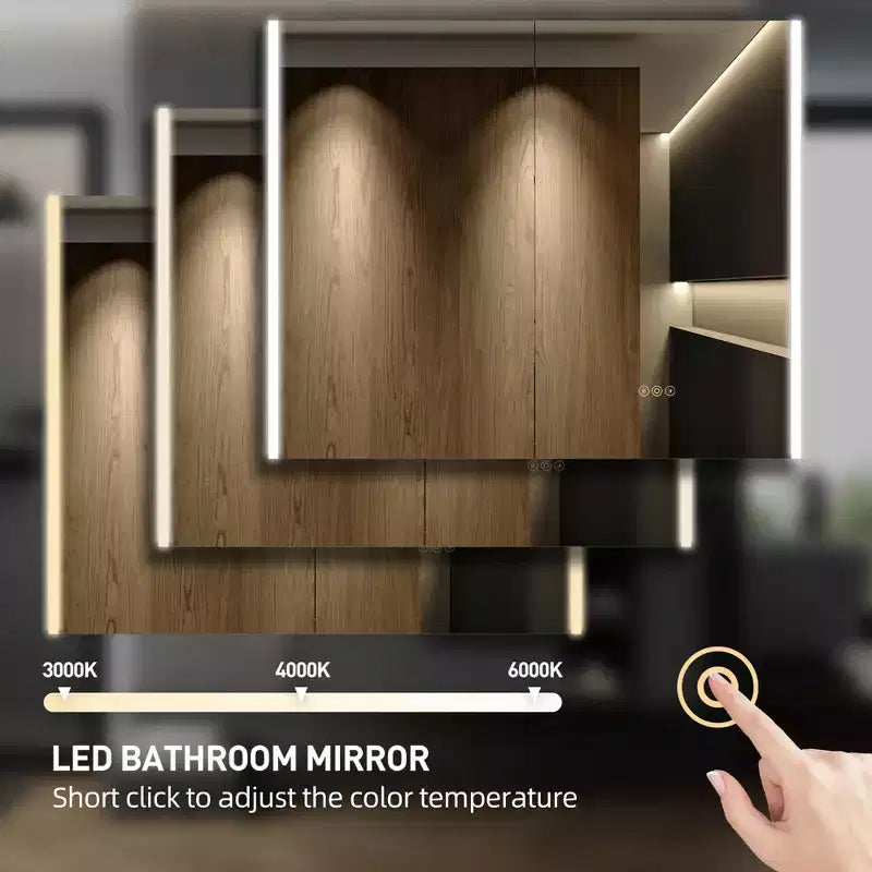 Armadietto da bagno con specchi e luci a LED, montaggio a incasso/a parete, 3 modalità di illuminazione, dimmerabile, antiappannamento, presa, argento
