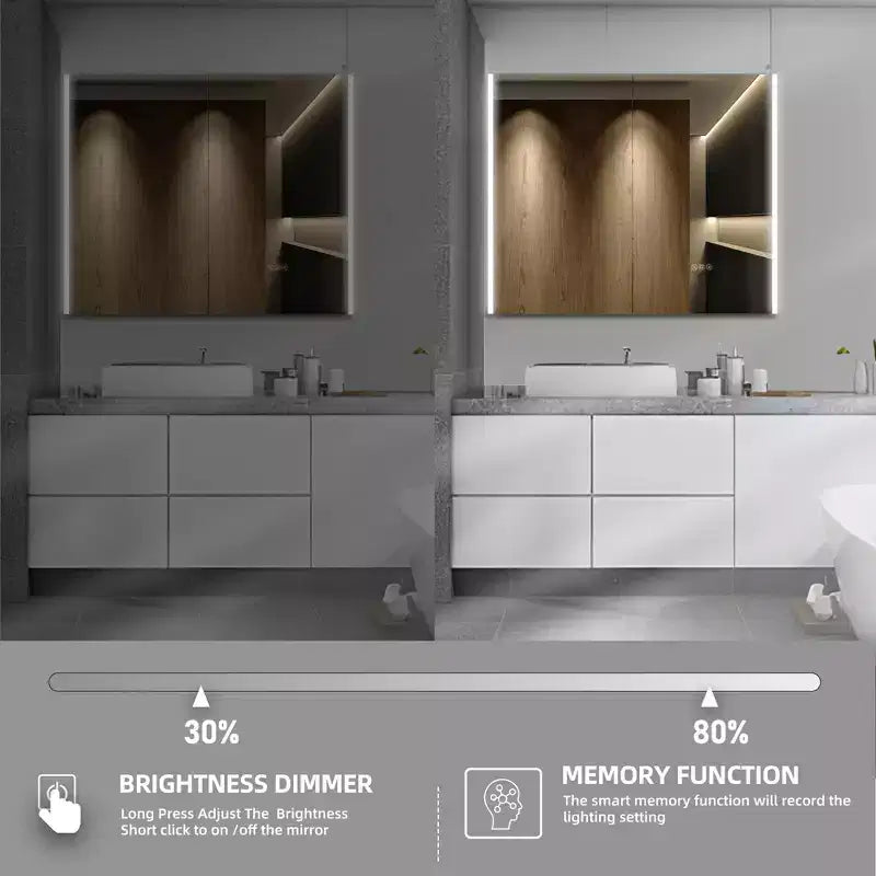 Armadietto da bagno con specchi e luci a LED, montaggio a incasso/a parete, 3 modalità di illuminazione, dimmerabile, antiappannamento, presa, argento