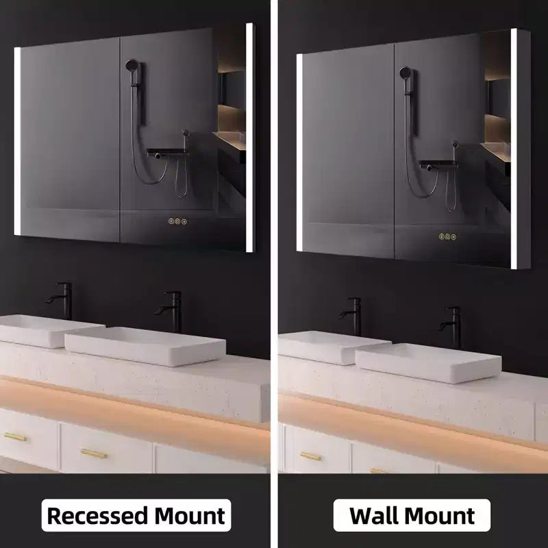 Armadietto da bagno con specchi e luci a LED, montaggio a incasso/a parete, 3 modalità di illuminazione, dimmerabile, antiappannamento, presa, argento