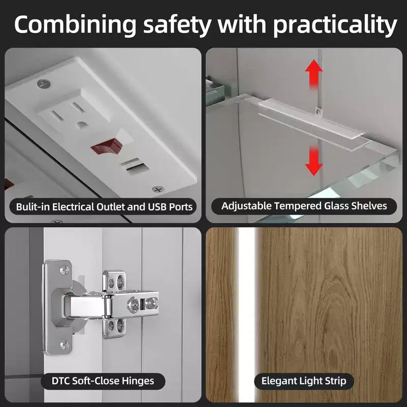 Armadietto da bagno con specchi e luci a LED, montaggio a incasso/a parete, 3 modalità di illuminazione, dimmerabile, antiappannamento, presa, argento