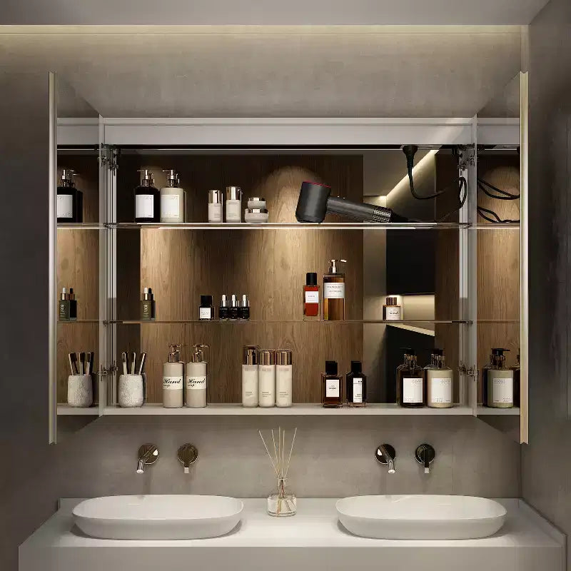 Armadietto da bagno con specchi e luci a LED, montaggio a incasso/a parete, 3 modalità di illuminazione, dimmerabile, antiappannamento, presa, argento