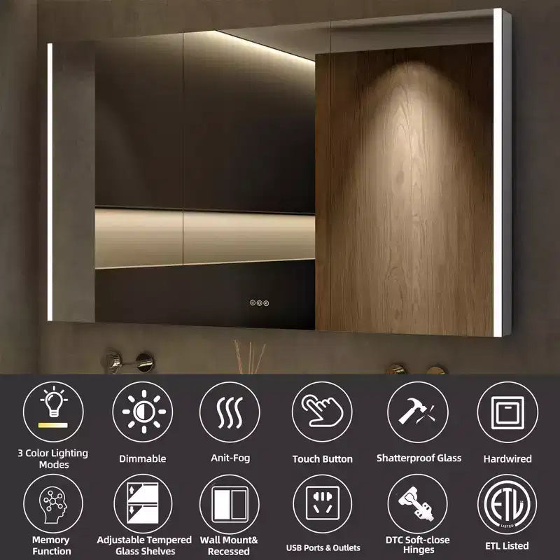 Armadietto da bagno con specchi e luci a LED, montaggio a incasso/a parete, 3 modalità di illuminazione, dimmerabile, antiappannamento, presa, argento