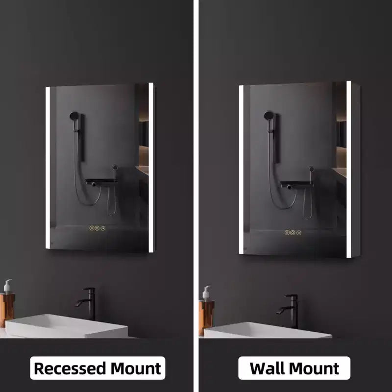 Armadietto da bagno con specchi e luci a LED, montaggio a incasso/a parete, 3 modalità di illuminazione, dimmerabile, antiappannamento, presa, argento